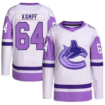 Youth David Kampf Vancouver Canucks ＃64 Authentic White/Purple Hockey Fights Cancer Primegreen Jersey
